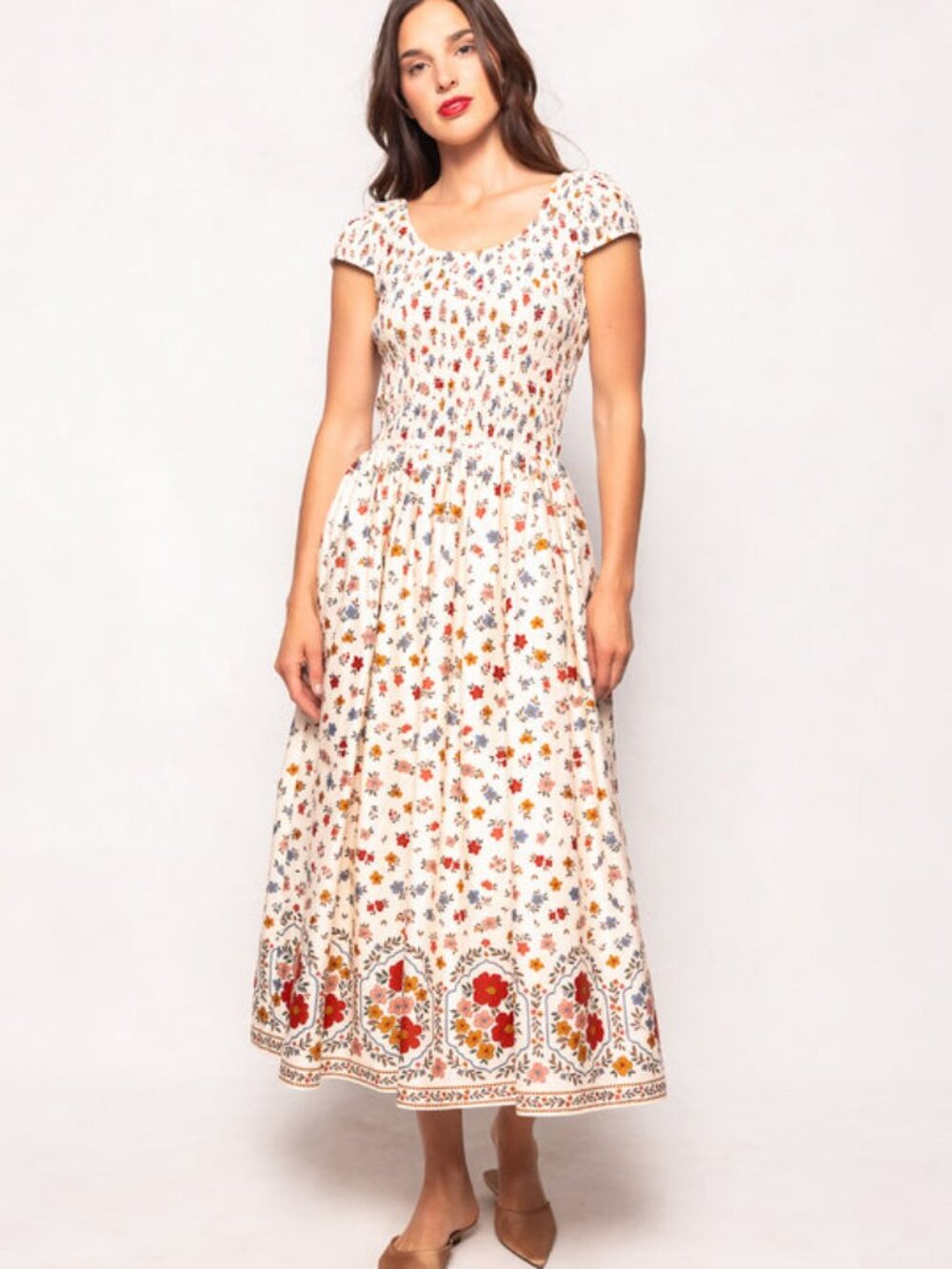 Ivy City Co Marlow Cap Sleeve Dress Cream Ditsy Floral Size M NWT